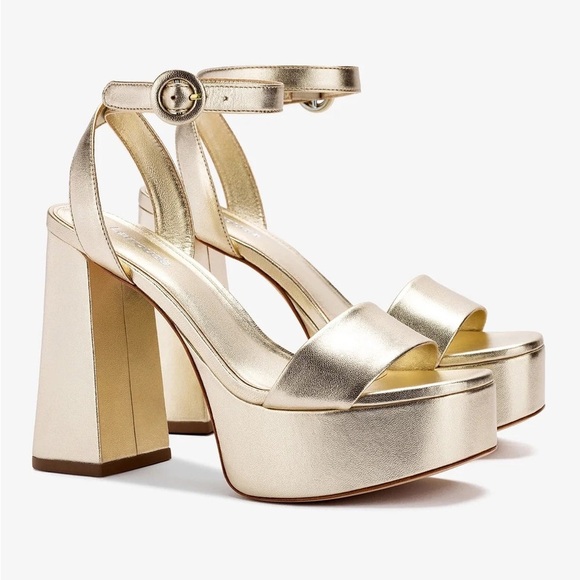 Larroude Gold Platform Heels with Chunky Block Heel and Ankle Strap - Picture 2 of 10